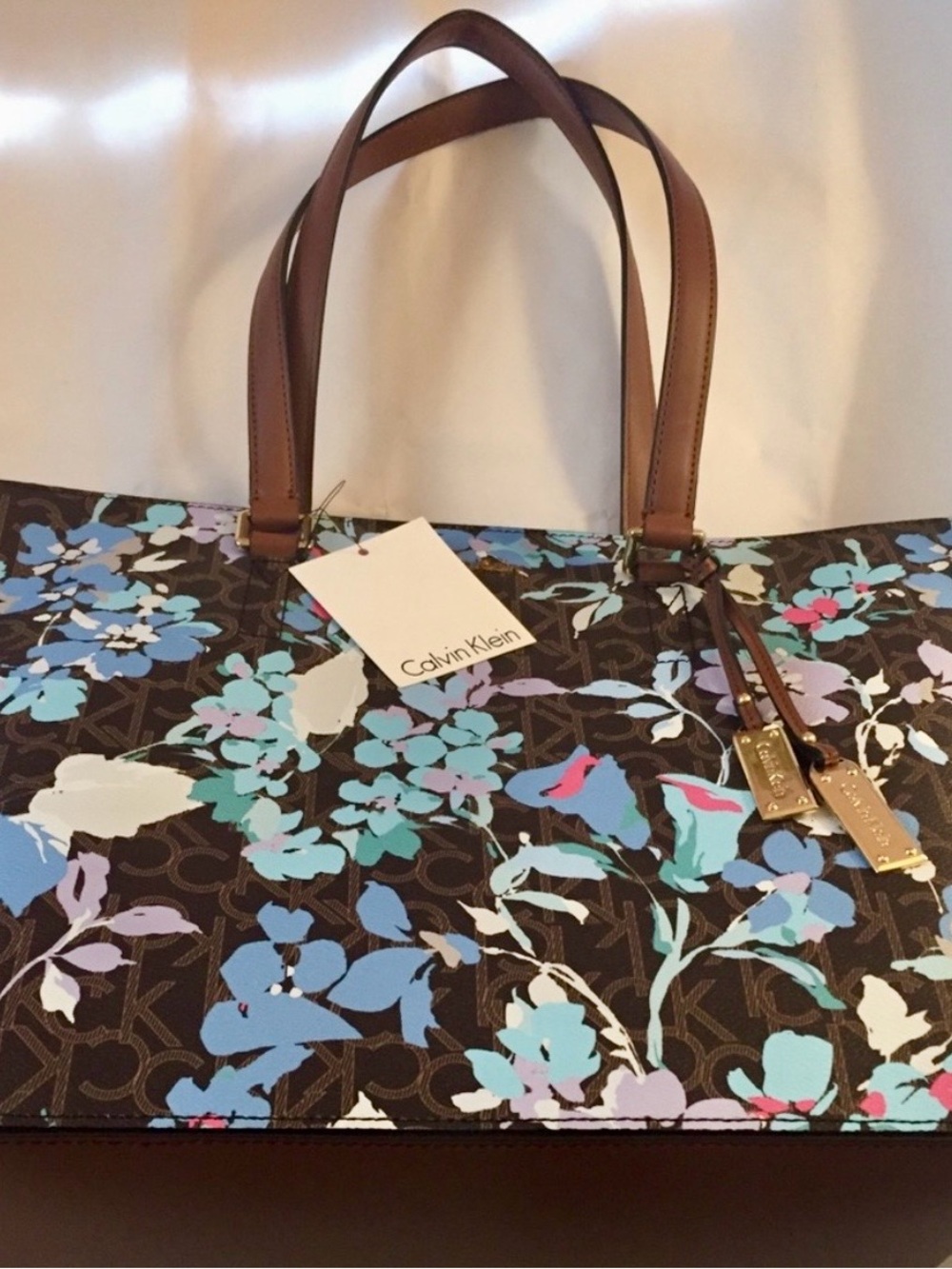 New Calvin Klein Brown Floral Print Saffiano Shopper Tote